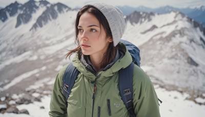 A woman hikes through a snowy mountain pass