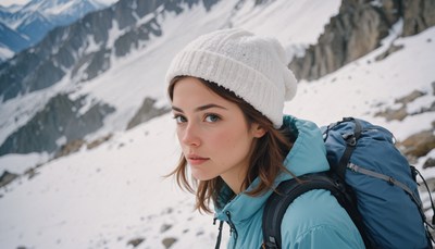 A woman hikes in the snow-covered mountains