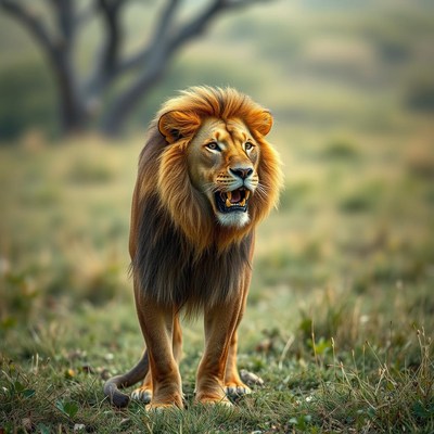 A male lion stands in a grassy field