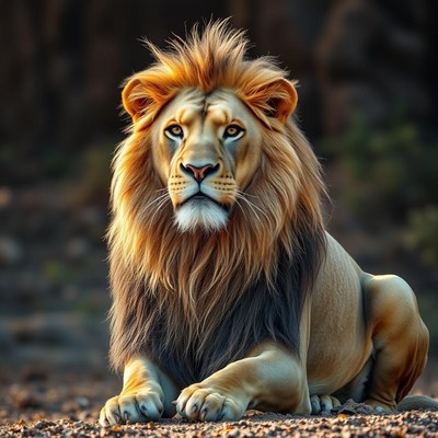 A lion rests on the ground