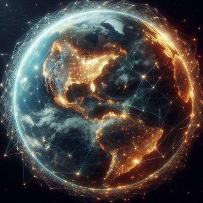 A glowing earth surrounded by a network of lines