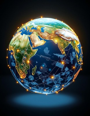 A glowing globe connected by lines and dots