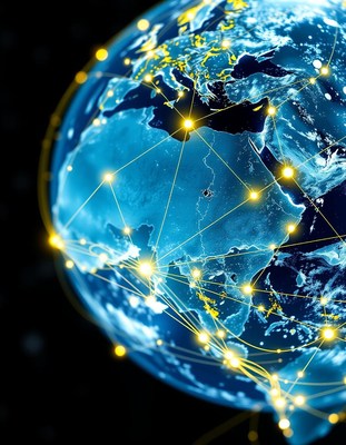 A blue globe shows connections across the earth