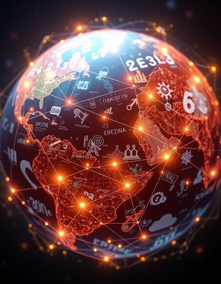 A glowing globe shows connections around the world