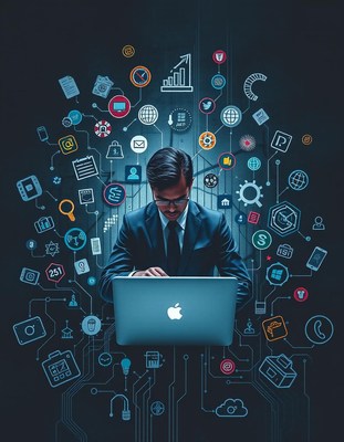 A man works on a laptop surrounded by digital icons