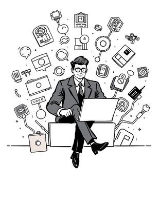 A man uses a laptop surrounded by various tech icons