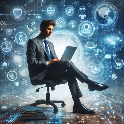 A businessman uses a laptop in a digital world