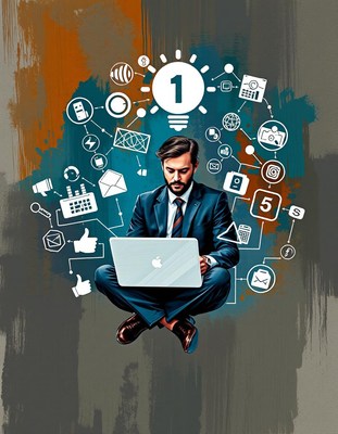 Man on laptop, surrounded by tech icons