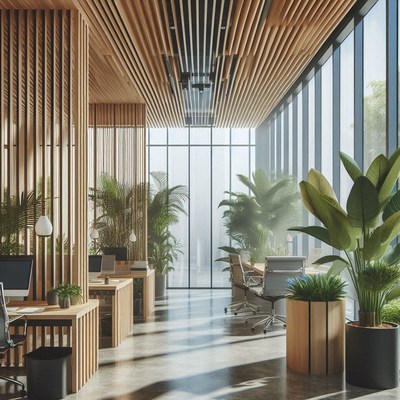 A modern office with a wooden ceiling and large windows