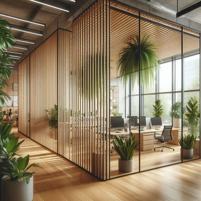 Modern office with wood slat walls and big window