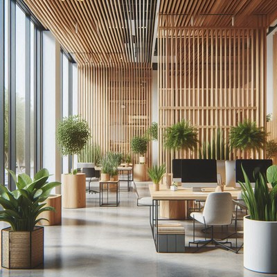 Modern office with wood accents and plants