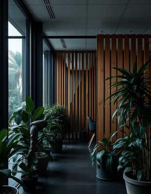 Plants line a hallway with a wooden partition