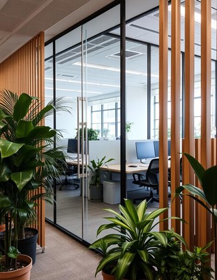 A modern office space with glass doors and plants