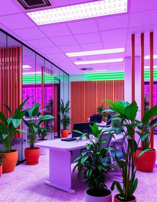 An office with vibrant purple lighting and green plants