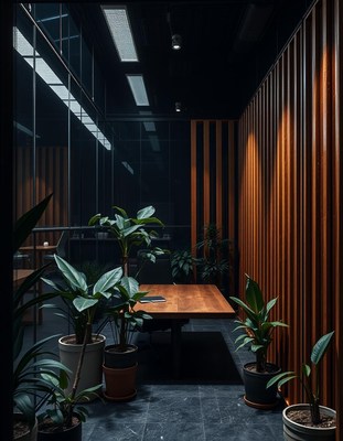 Plants in pots stand next to a wooden table