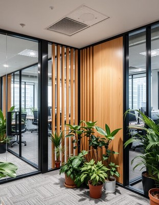 Plants decorate an office hallway