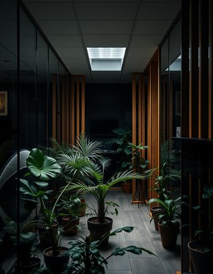 Plants line a dark hallway with a skylight