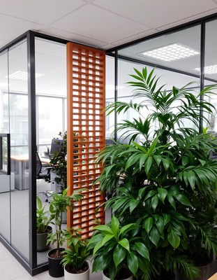 A modern office with plants and a wooden lattice