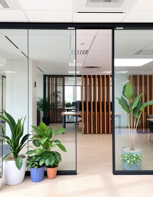 Three plants stand near a glass office door