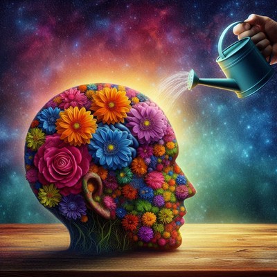 A hand waters a head full of flowers