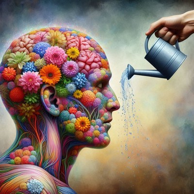 A person with a head full of flowers is being watered