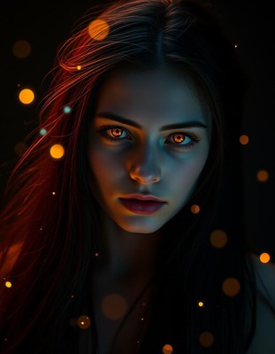 A woman with golden eyes stares into the camera