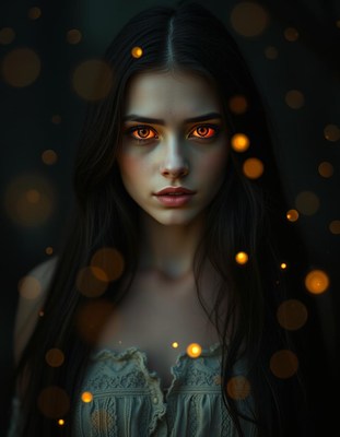 Woman with long dark hair against a dark backdrop