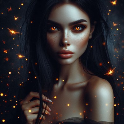 A woman with orange eyes looks directly at the camera