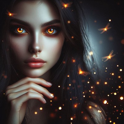 A woman with glowing eyes looks into the distance