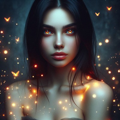 A woman with bright eyes stands in a dark forest