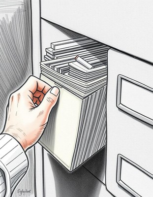 A hand reaches into a file cabinet