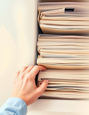 A hand reaches for a file in a drawer