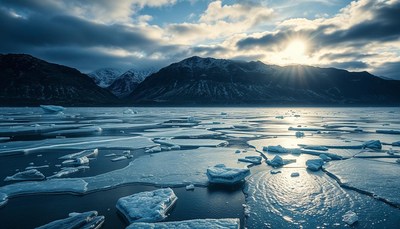 Frozen lake with mountains in the background