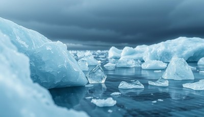 Icebergs float in the icy water