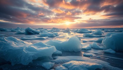 Icebergs drift in the ocean at sunset