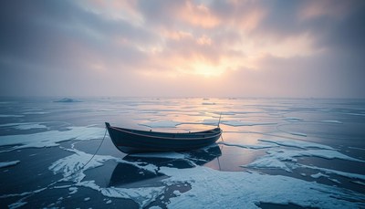 A boat sits on frozen water during sunrise