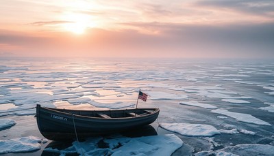 A small boat sits in the arctic sea at sunset