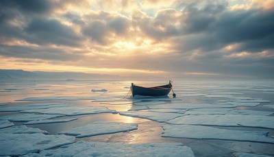 A small boat sits on the ice in the arctic