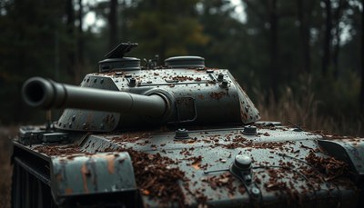 A military tank sits in a wooded area