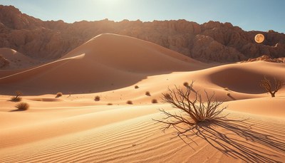 A desert landscape with sand dunes and a lone tree