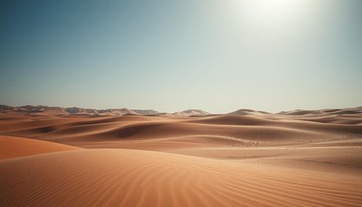 Sand dunes stretch out under a clear sky