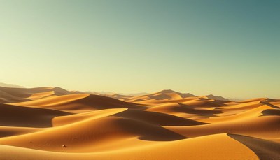 Sand dunes stretch out under a clear sky