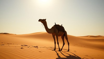A camel walks through the desert at sunset