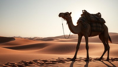 A camel stands in the desert at sunset