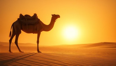 A camel stands in the desert at sunset