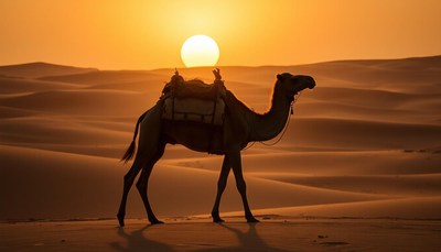 A camel walks through the desert at sunset