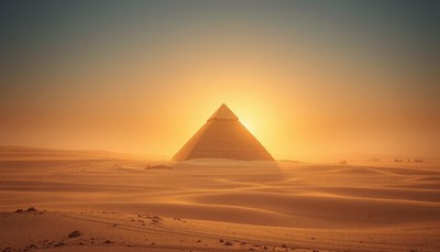 A lone pyramid stands in the desert at sunset