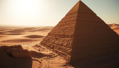 A large pyramid stands in the desert
