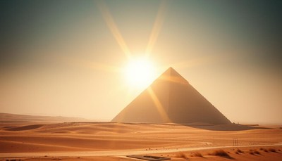 The sun shines over a pyramid in the desert