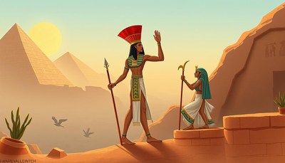 A pharaoh waves from atop a pyramid in the desert